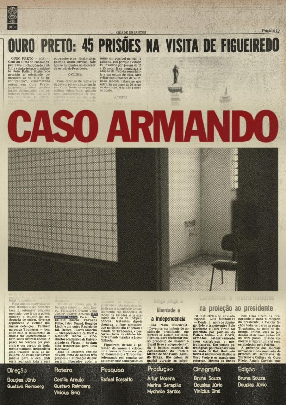 Dirigido por Douglas Júnio e Gustavo Reimberg, o documentário aborda um recorte republicano, do período de ditadura militar em Ouro Preto. - Arte: Artur Moreira