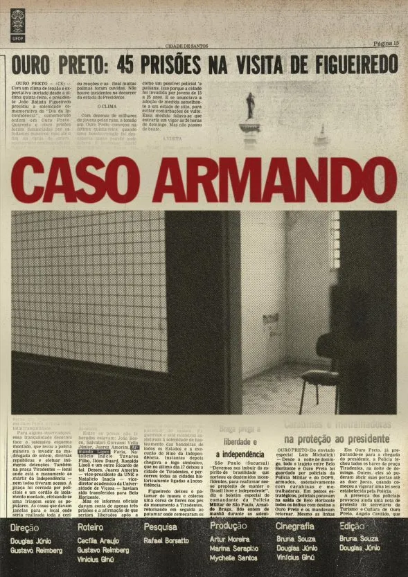 Dirigido por Douglas Júnio e Gustavo Reimberg, o documentário aborda um recorte republicano, do período de ditadura militar em Ouro Preto. - Arte: Artur Moreira
