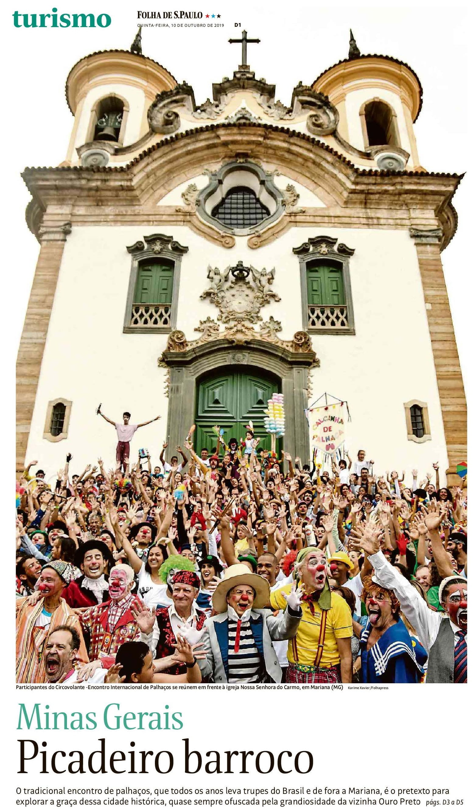 Caderno de Turismo da Folha de São Paulo dá destaque para o 11º Encontro de Palhaços, realizado em Mariana (MG)