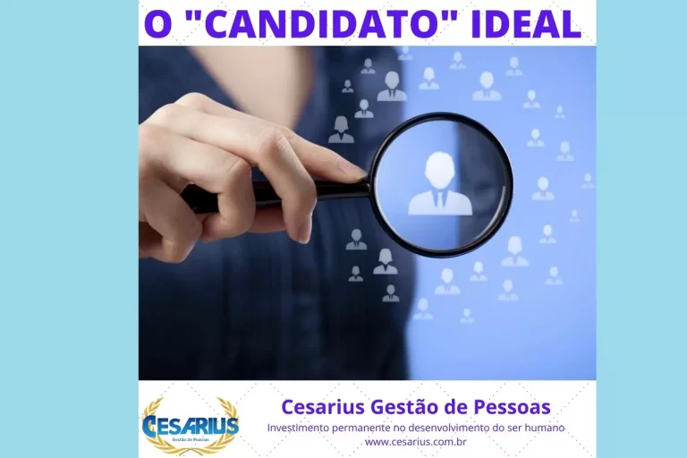 Em primeiro plano, mão segurando uma lupa que reflete silhueta simbolizando o candidato ideal