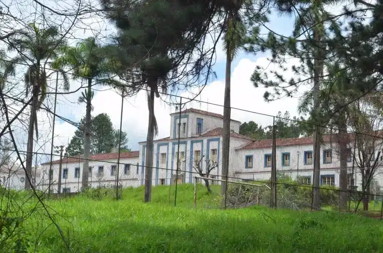 Gramado, cerca metálica e árvores á frente da fachado do Colégio Dom Bosco