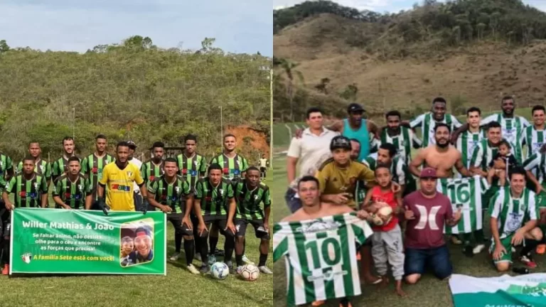 Montagem com fotos das equipes do 07 de Outubro e Mainart, que conquistaram acesso para disputar a primeira divisão do campeonato amador de Mariana em 2023