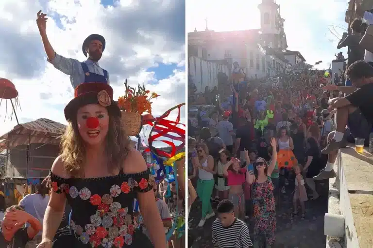 À esquerda, Palhaça Jojobe e um palhaço sobre pernas de pau. à direita, multidão acompanhando o cortejo do Encontro de Palhaços