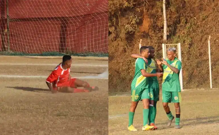 Montagem de imagens. No lado esquerdo, jogador do Olimpic, de uniforme vermelho, está deitado em tentativa frustrada de evitar que seu time sofra o gol. À direita, três jogadores do )8 de Dezembro, com calções e meias verdes, e camisas também verdes com listra diagonal em amarelo, comemoram o gol da equipe