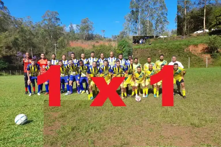 Montagem com fotos das equipes do Águia de Ouro e 08 de Dezembro, que disputaram a partida de ida da final da 1ª Divisão de Mariana