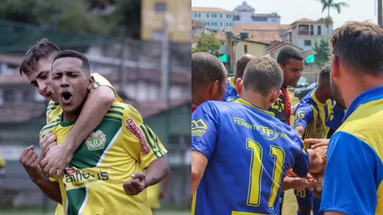 Montagem de magens: Atleta do 08 de Dezembro abraçado por colega, comemora o gol. À direita, atletas do Água de Ouro reunidos após classificação para a final