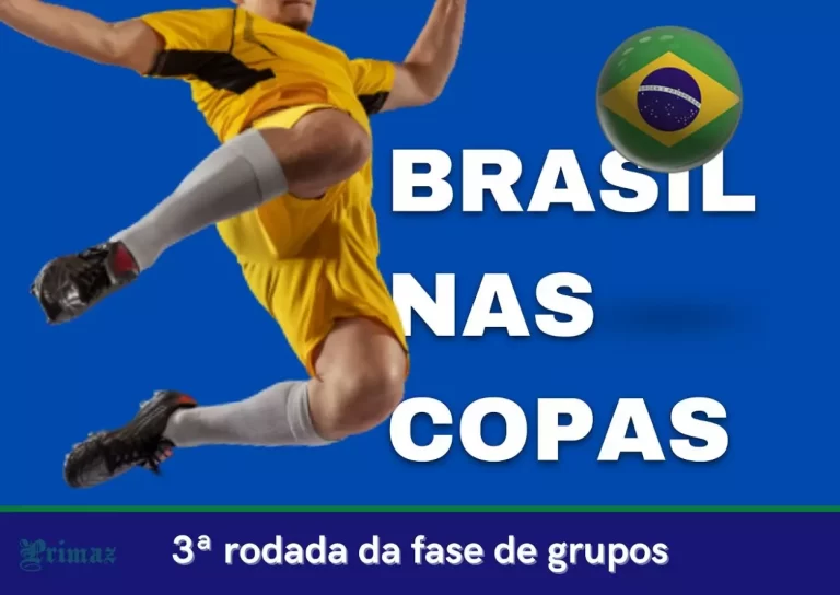 Sobre fundo azul, jogador com uniforme amarelo, dá um voleio na bola, estilizada com a bandeira brasileira