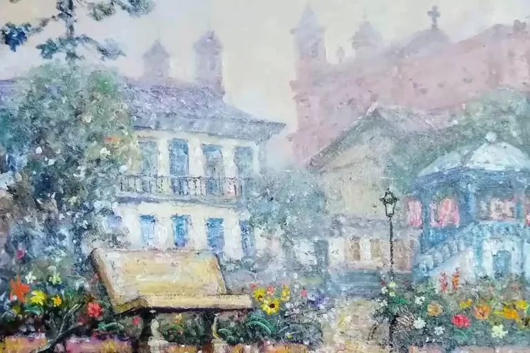 Pintura de Elias Layon, ilustrando a crônica "Chuva, céu e portal"