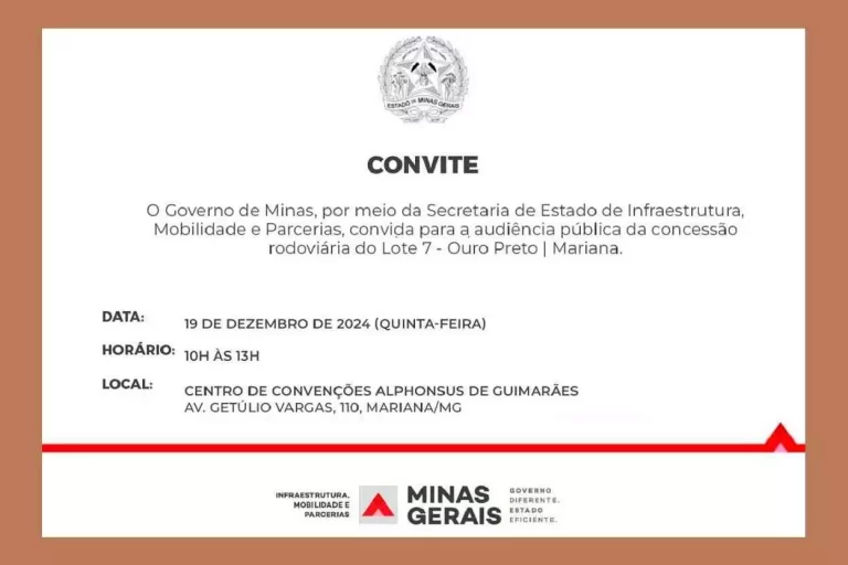 A audiência pública para concessão da bR-356 foi convocada pelo Governo de Minas Gerais, em publicação do Diário Oficial de Minas Gerais, edição nº 241, de 06/12/2024